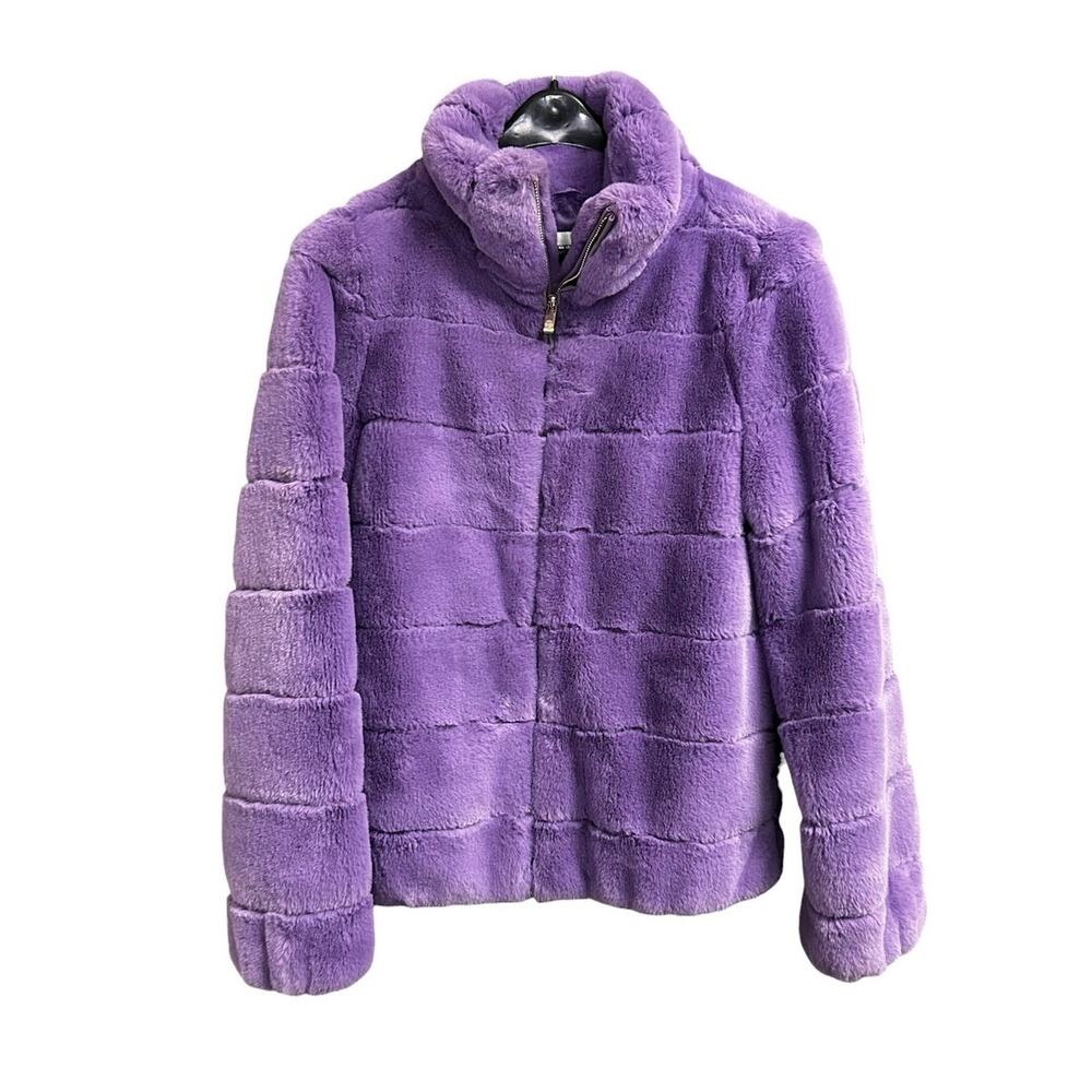 Patty Kim Purple Faux Fur Zip Up High Neck Crop Coat Womens Small Cozy Winter